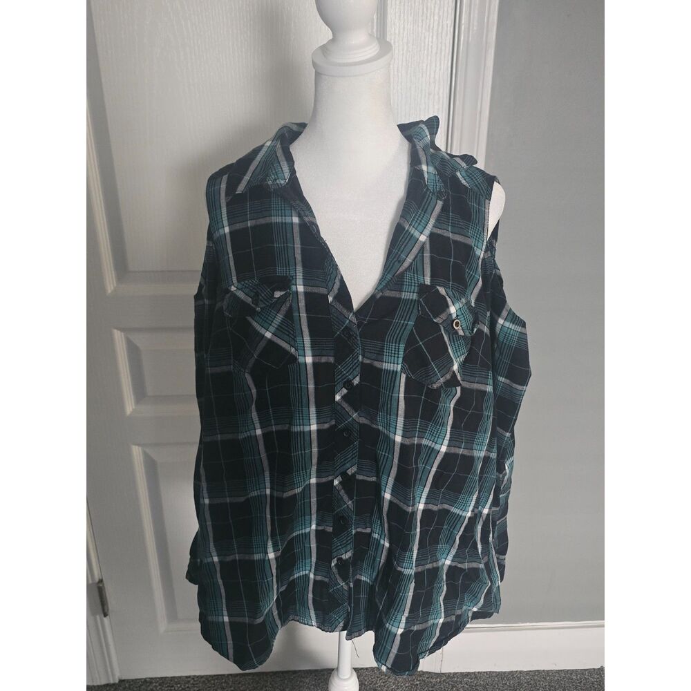 Torrid teal, black, and white plaid cold shoulder button-up cotton shirt 1